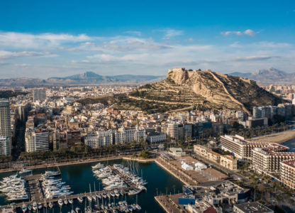 Cityscape of Alicante and Santa Barbara castle. Aerial view